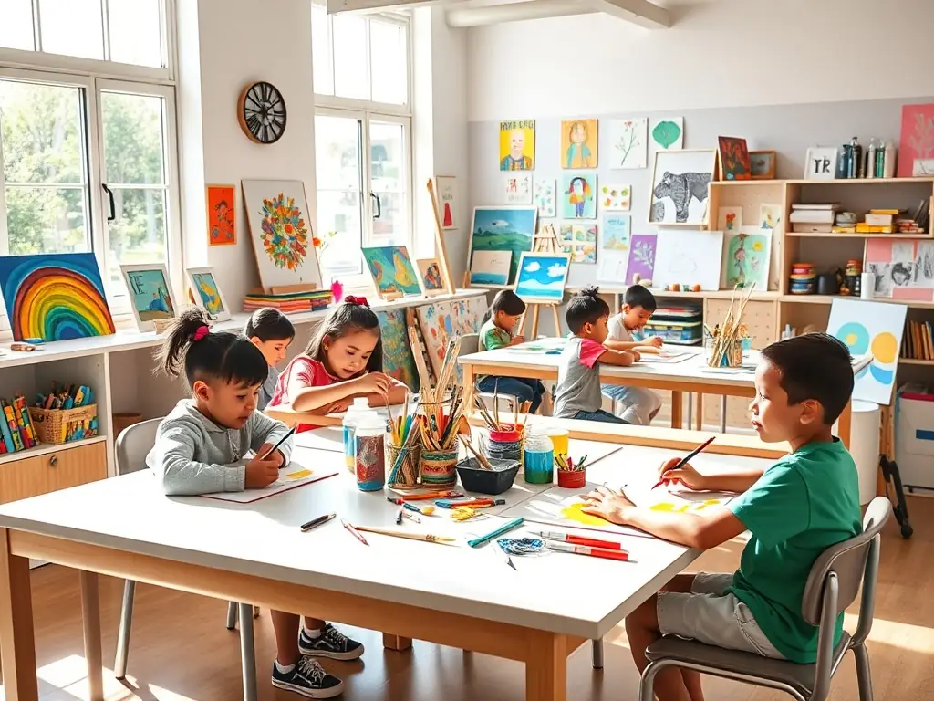 A photograph capturing a group of children participating in a heritage-themed workshop at Chapelle Saint Jean, with instructors guiding them through hands-on activities.