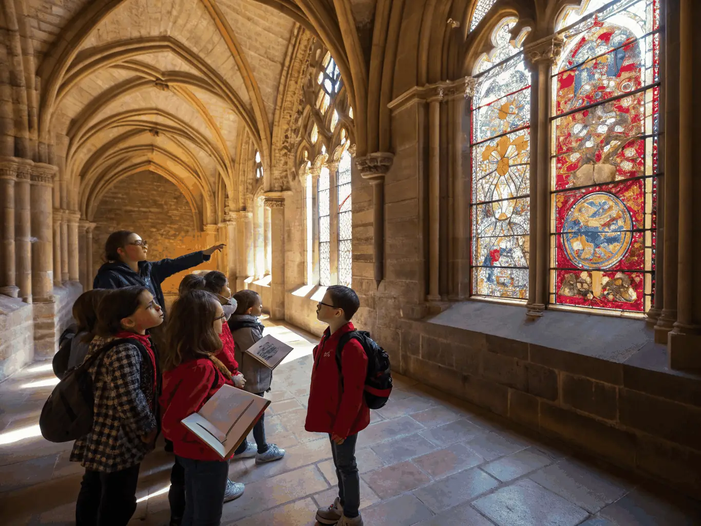 A photograph capturing children participating in an educational workshop at the Chapel Saint Jean, learning about the history and cultural significance of the site.