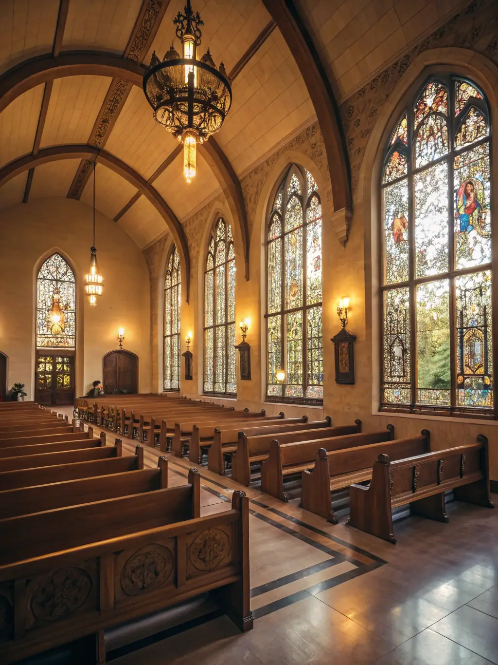 An image of children and visitors participating in a guided tour inside the chapel, engaging with historical exhibits. Capture the interaction and learning environment.