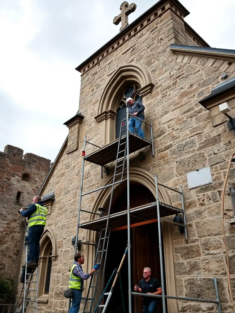 A detailed image of the chapel undergoing restoration, showing scaffolding and preservation work in progress. Focus on the intricate details of the restoration process.
