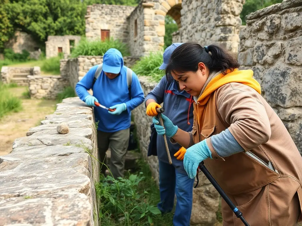 A photograph depicting volunteers working on the restoration of a section of the Chapel Saint Jean's exterior wall, showcasing their dedication to preserving the historical structure.