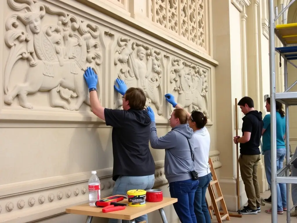 A photograph featuring volunteers working on a restoration project at Chapelle Saint Jean, showcasing their dedication to preserving the site's historical integrity.