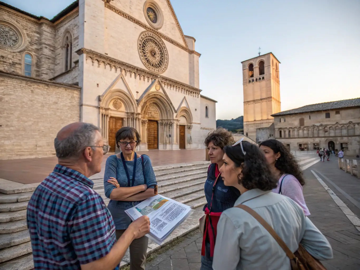 A photograph showing a guided tour of Chapelle Saint Jean, with a knowledgeable guide explaining the historical and architectural details to a group of visitors.